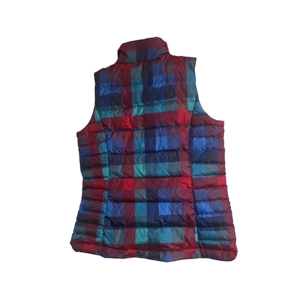 Lands End Womens Down Fill Puffer‎ Vest Rainbow Plaid Jacket Full Zip Size S